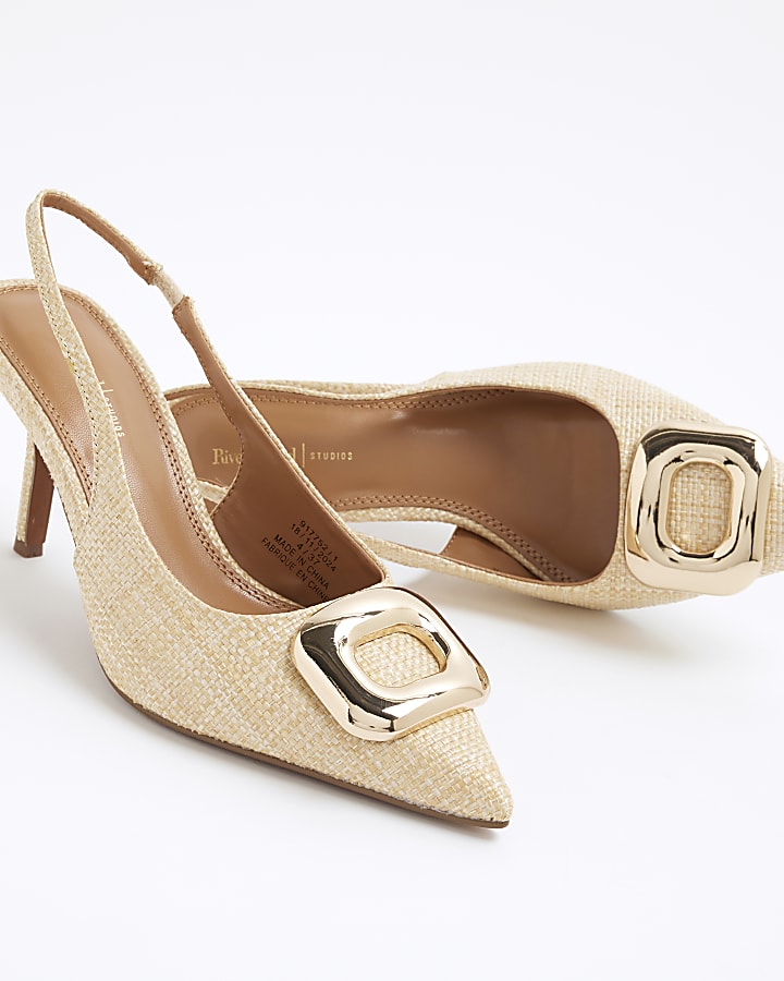 Beige Buckle Sling Back Heeled Court Shoes