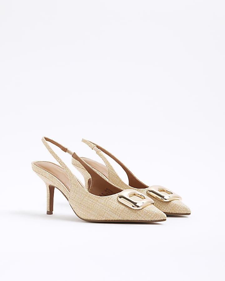 Beige Buckle Sling Back Heeled Court Shoes