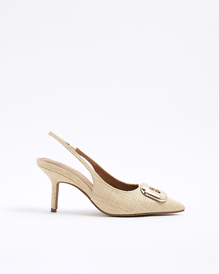 Beige Buckle Sling Back Heeled Court Shoes