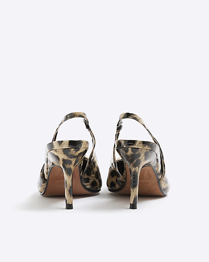 Brown Leopard Sling Back Heeled Court Shoes