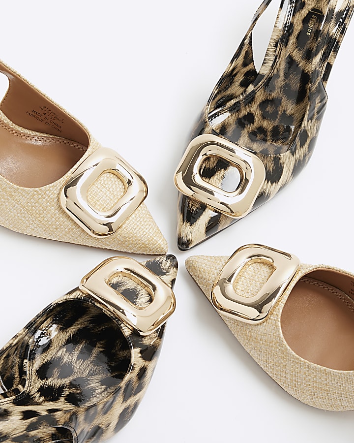 Brown Leopard Sling Back Heeled Court Shoes