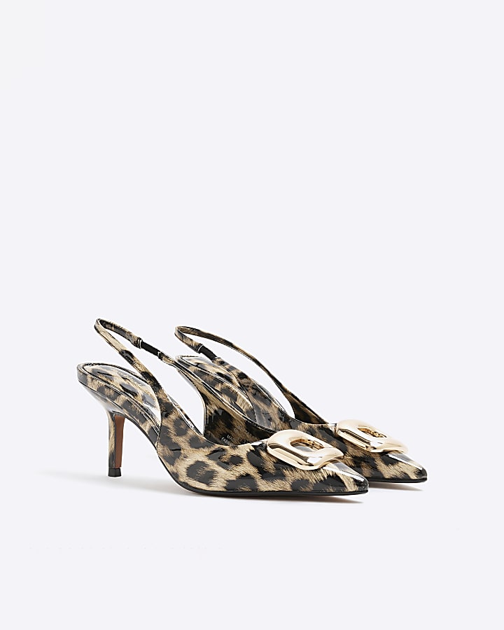 Brown Leopard Sling Back Heeled Court Shoes