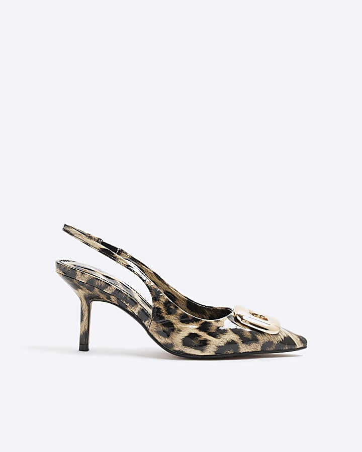 Brown Leopard Sling Back Heeled Court Shoes