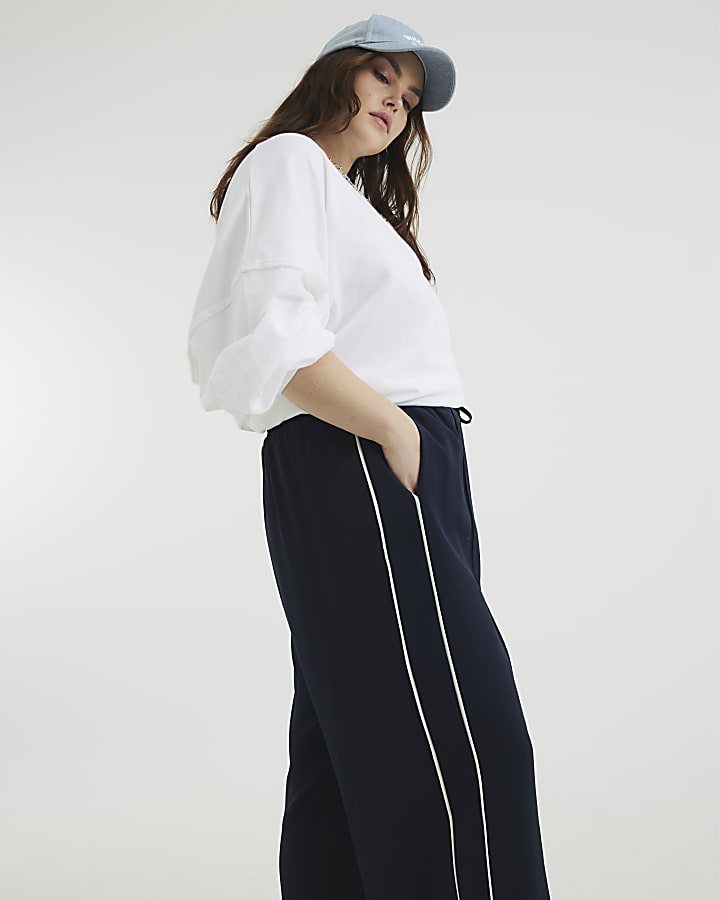 Navy Wide Leg Side Stripe Joggers