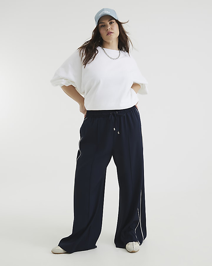 Navy Wide Leg Side Stripe Joggers