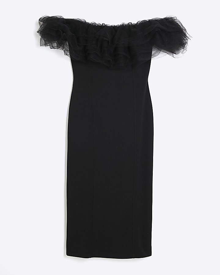Black 3D Tulle Ruffled Bodycon Midi Dress