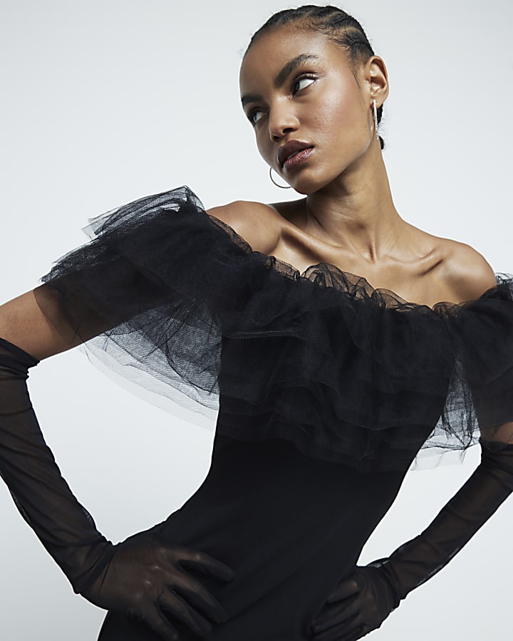 Black 3D Tulle Ruffled Bodycon Midi Dress