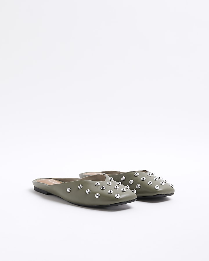 Khaki Asymmetric Studded Mule Sandals