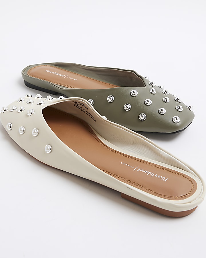 Cream Asymmetric Studded Mule Sandals