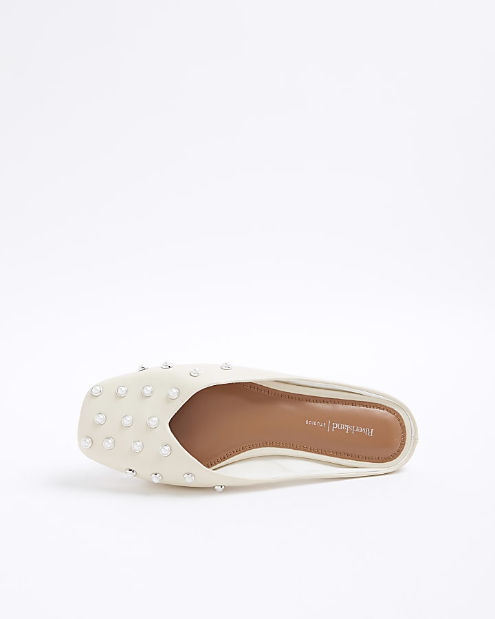 Cream Asymmetric Studded Mule Sandals