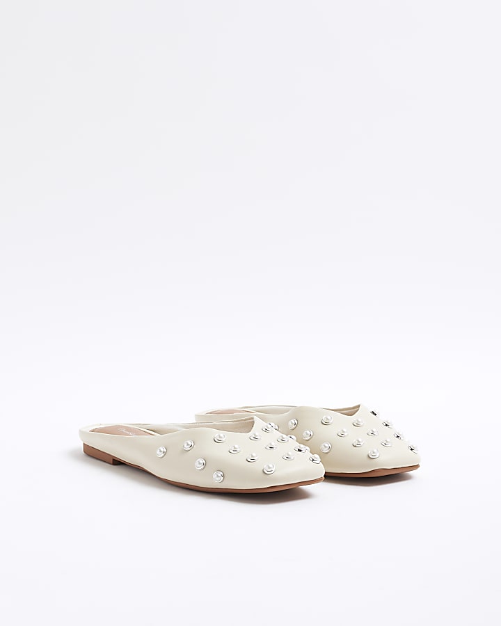 Cream Asymmetric Studded Mule Sandals