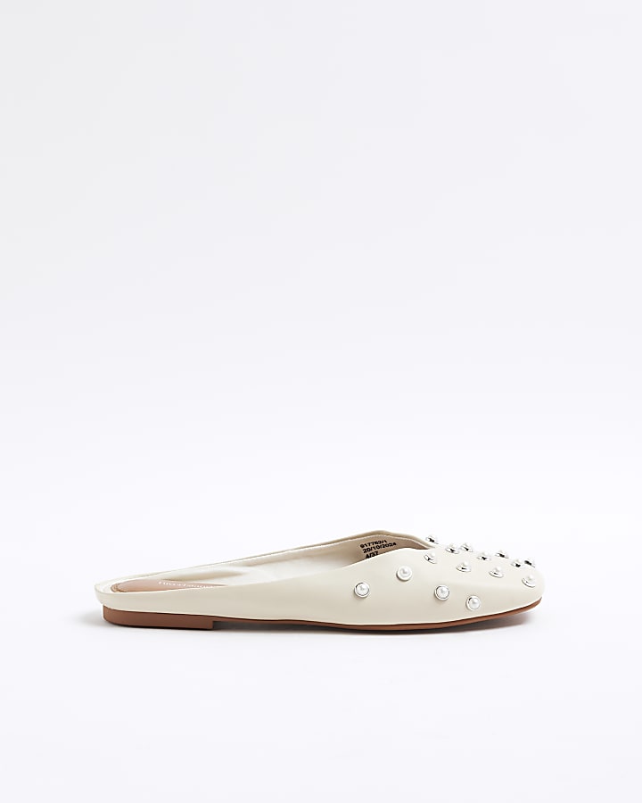 Cream Asymmetric Studded Mule Sandals