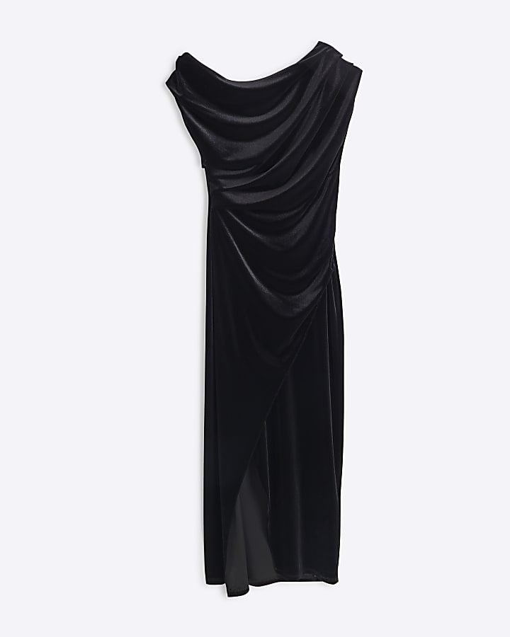 Black Velvet Drape Midi Dress