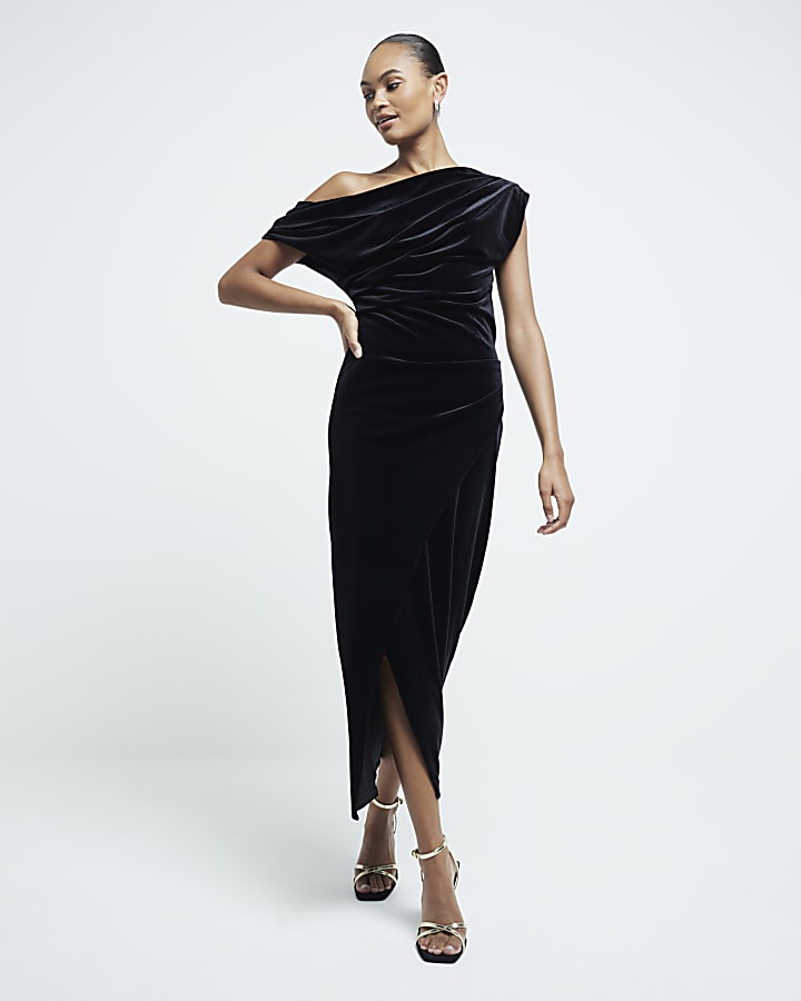 Black Velvet Drape Midi Dress