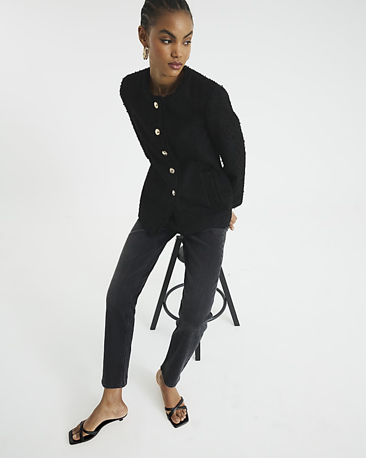 Black Collarless Boucle Jacket