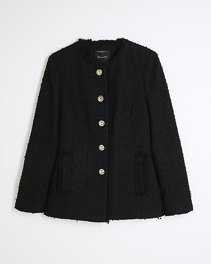 Black Collarless Boucle Jacket