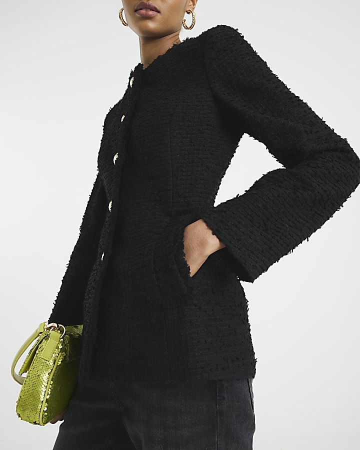 Black Collarless Boucle Jacket