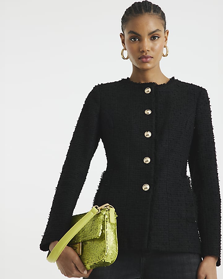 Black Collarless Boucle Jacket