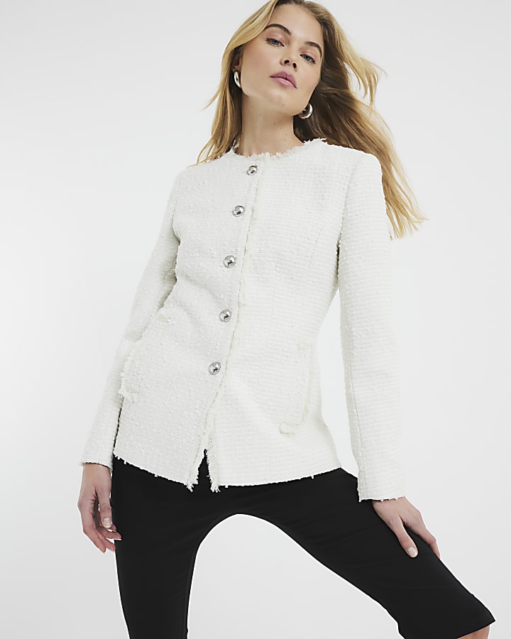 Cream Collarless Boucle Jacket