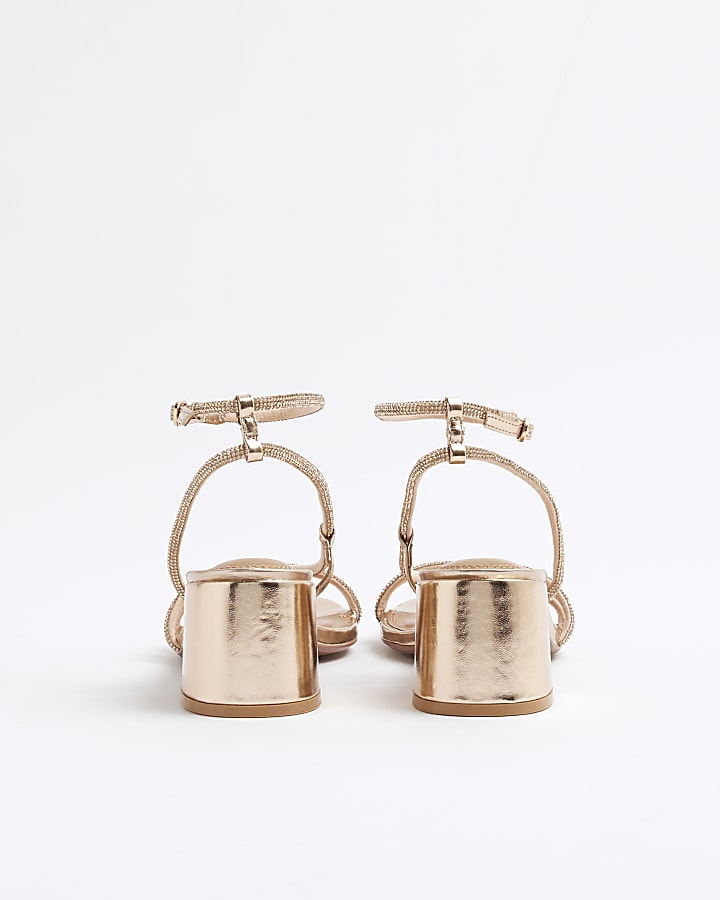 Rose Gold Diamante Strappy Block Heel Sandals