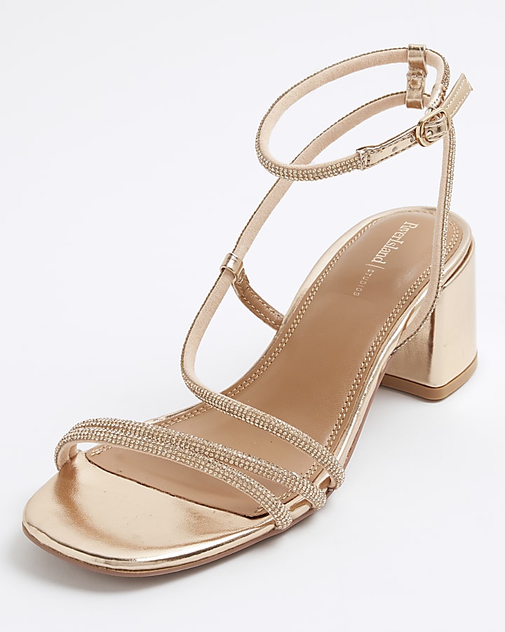 Rose Gold Diamante Strappy Block Heel Sandals