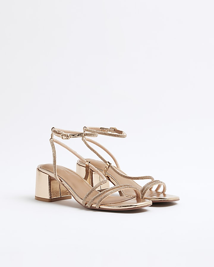 Rose Gold Diamante Strappy Block Heel Sandals