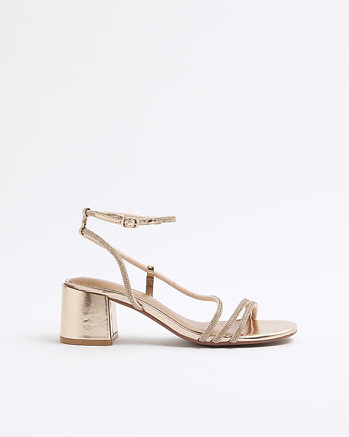 Rose Gold Diamante Strappy Block Heel Sandals