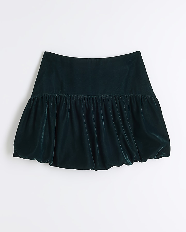 Green Velvet Bubble Hem Mini Skirt