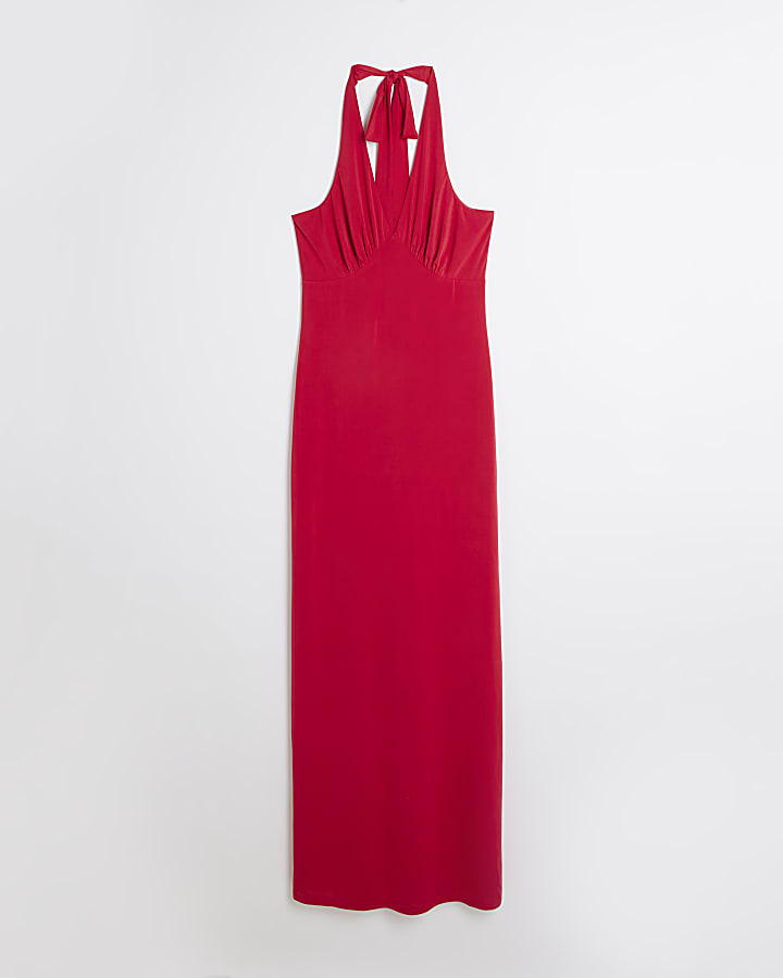Red Sleeveless Halter Neck Maxi Dress