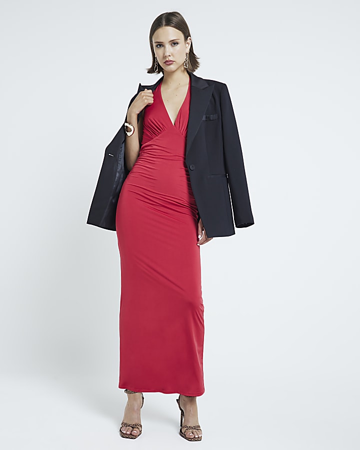Red Sleeveless Halter Neck Maxi Dress