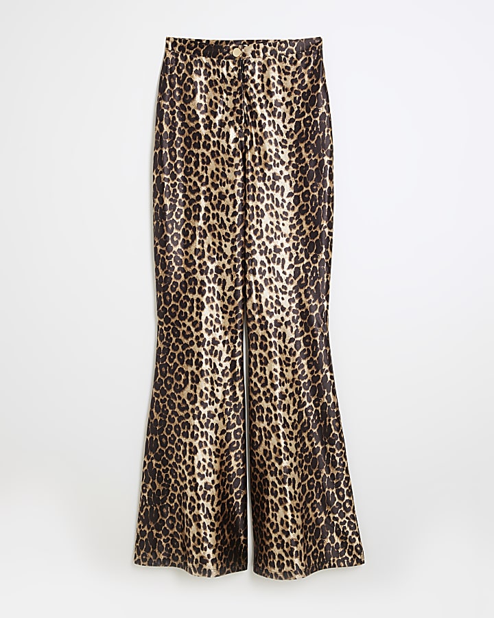 Beige Leopard Print Flared Trousers