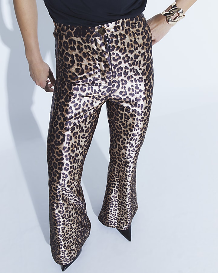 Beige Leopard Print Flared Trousers