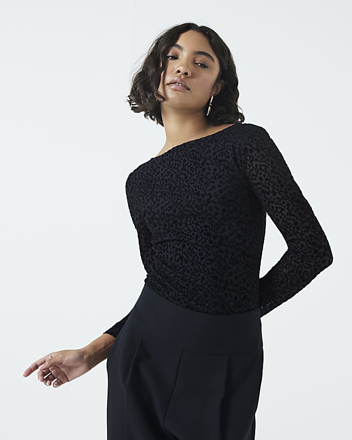 Black Floral Mesh Open Back Top