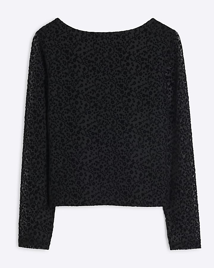 Black Floral Mesh Open Back Top
