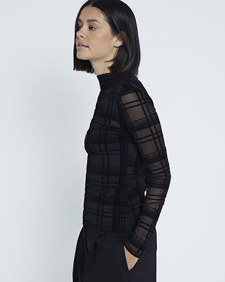 Black Check Mesh Long Sleeve Top