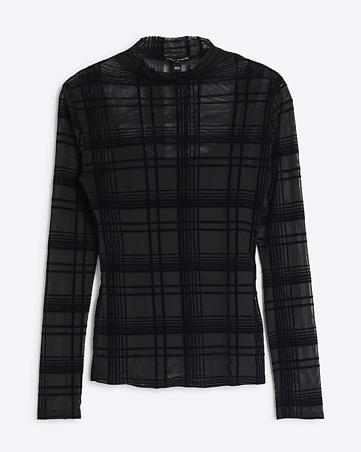 Black Check Mesh Long Sleeve Top