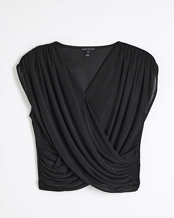 Black Short Sleeve Wrap Draped Top