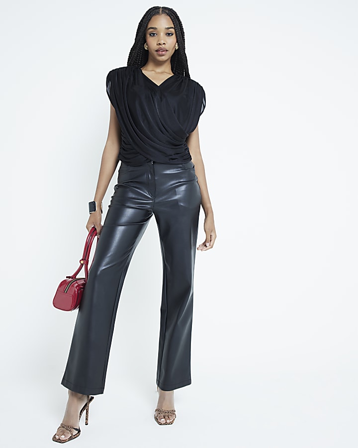 Black Short Sleeve Wrap Draped Top