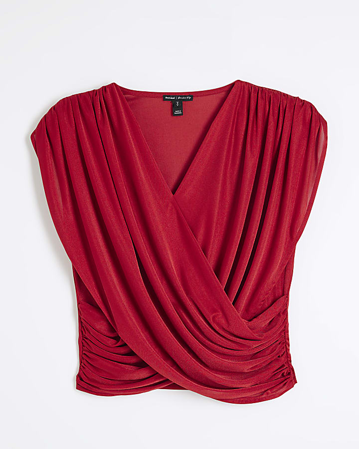 Red Short Sleeve Wrap Draped Top