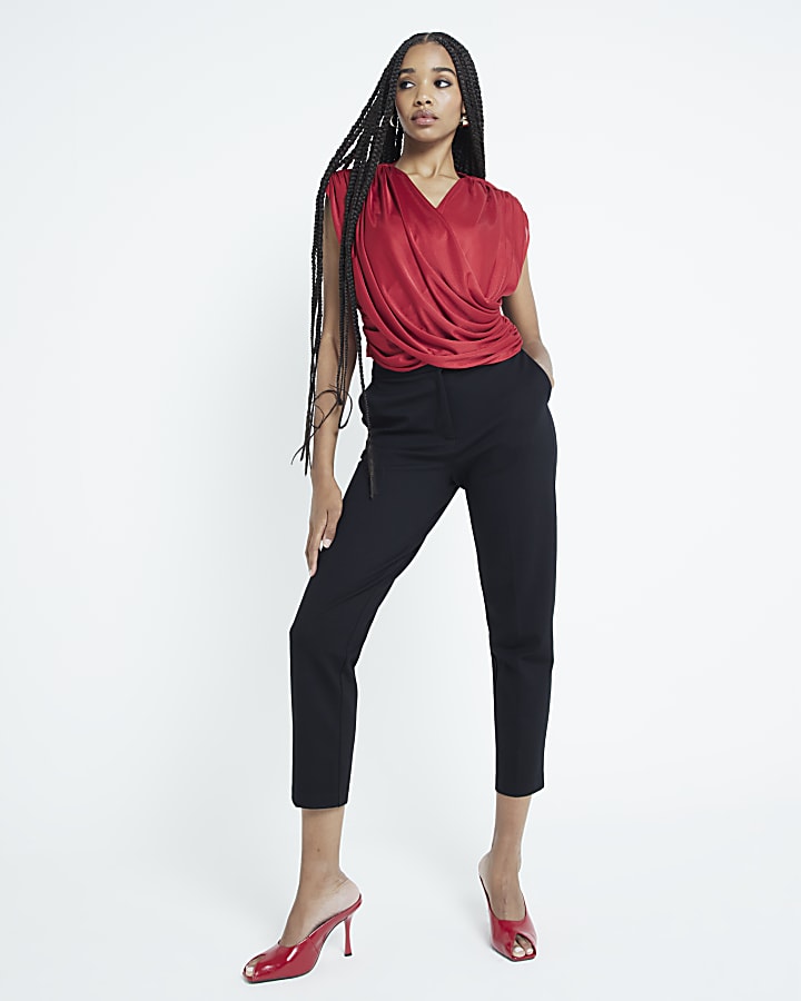 Red Short Sleeve Wrap Draped Top