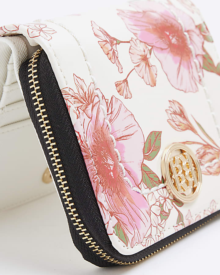 Cream Floral Patent Mini Zip Around Purse