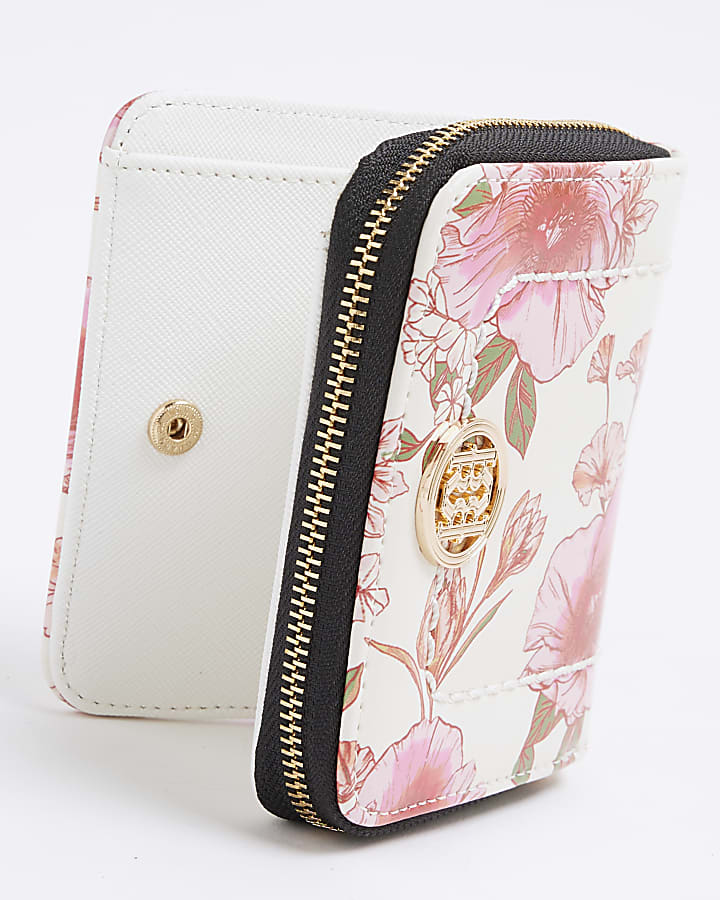 Cream Floral Patent Mini Zip Around Purse