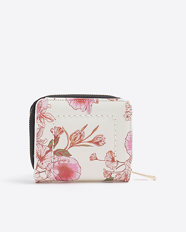 Cream Floral Patent Mini Zip Around Purse