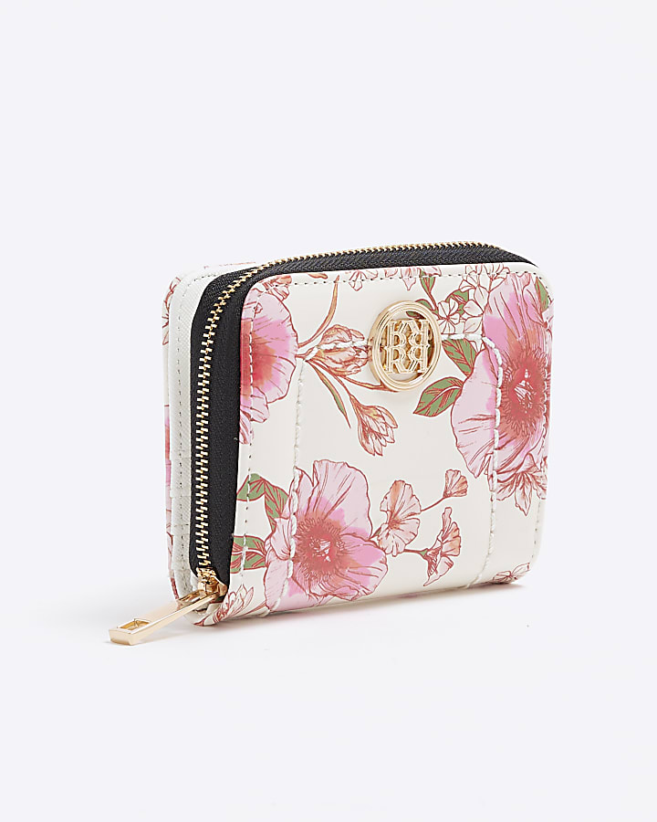 Cream Floral Patent Mini Zip Around Purse