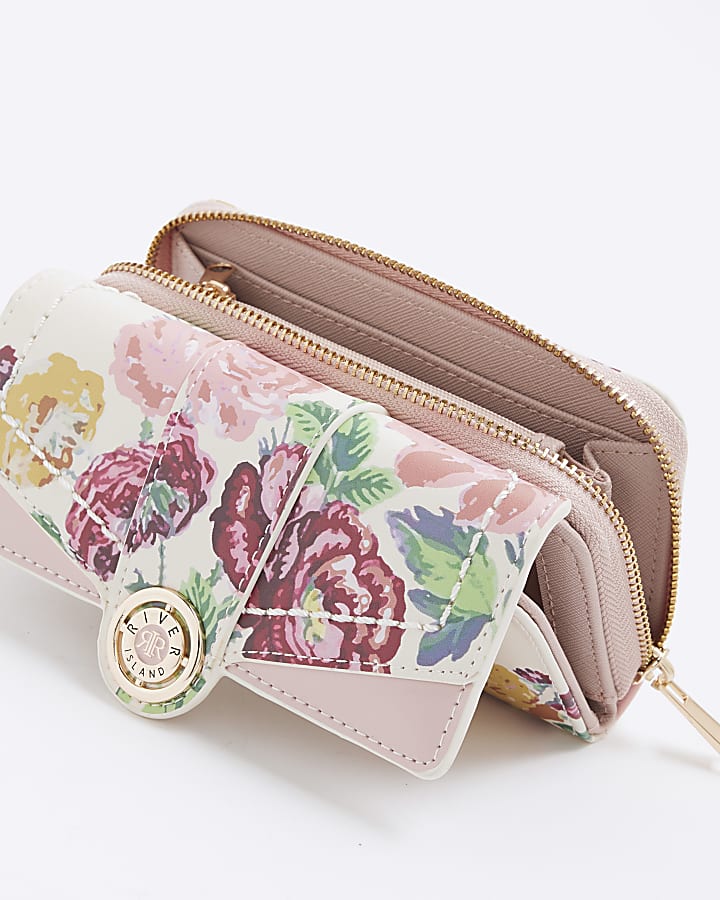 Cream Patent Floral Zip Around Purse