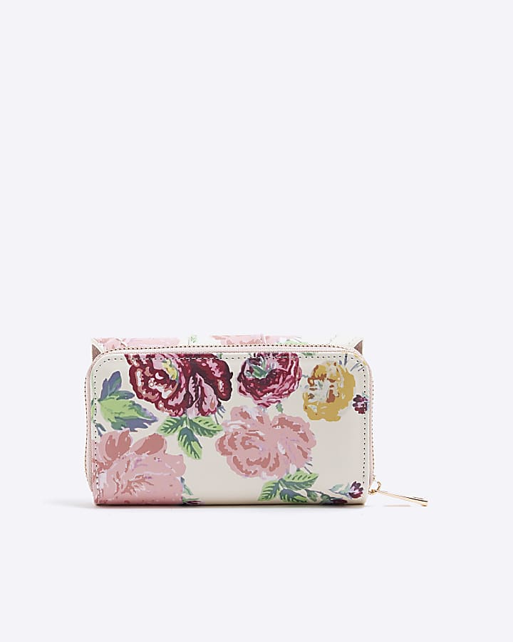 Cream Patent Floral Zip Around Purse