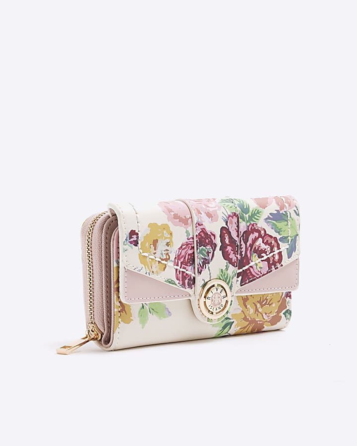 Cream Patent Floral Zip Around Purse