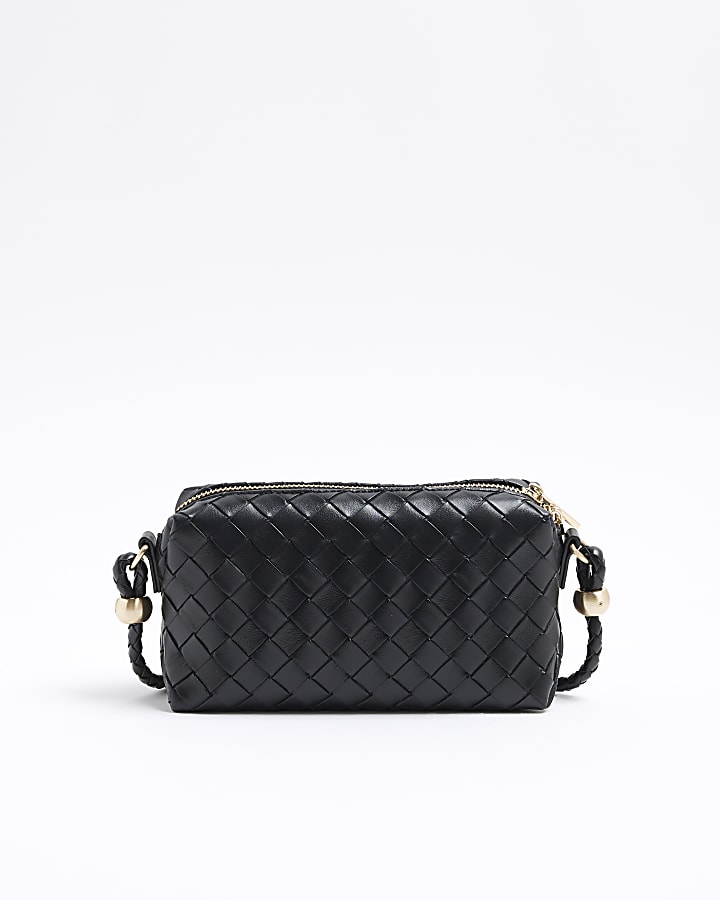 Black Faux Leather Weave Cross Body Bag