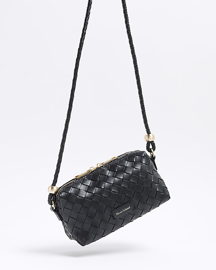 Black Faux Leather Weave Cross Body Bag