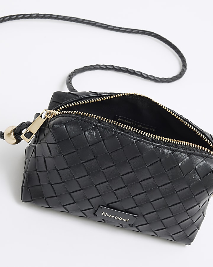 Black Faux Leather Weave Cross Body Bag